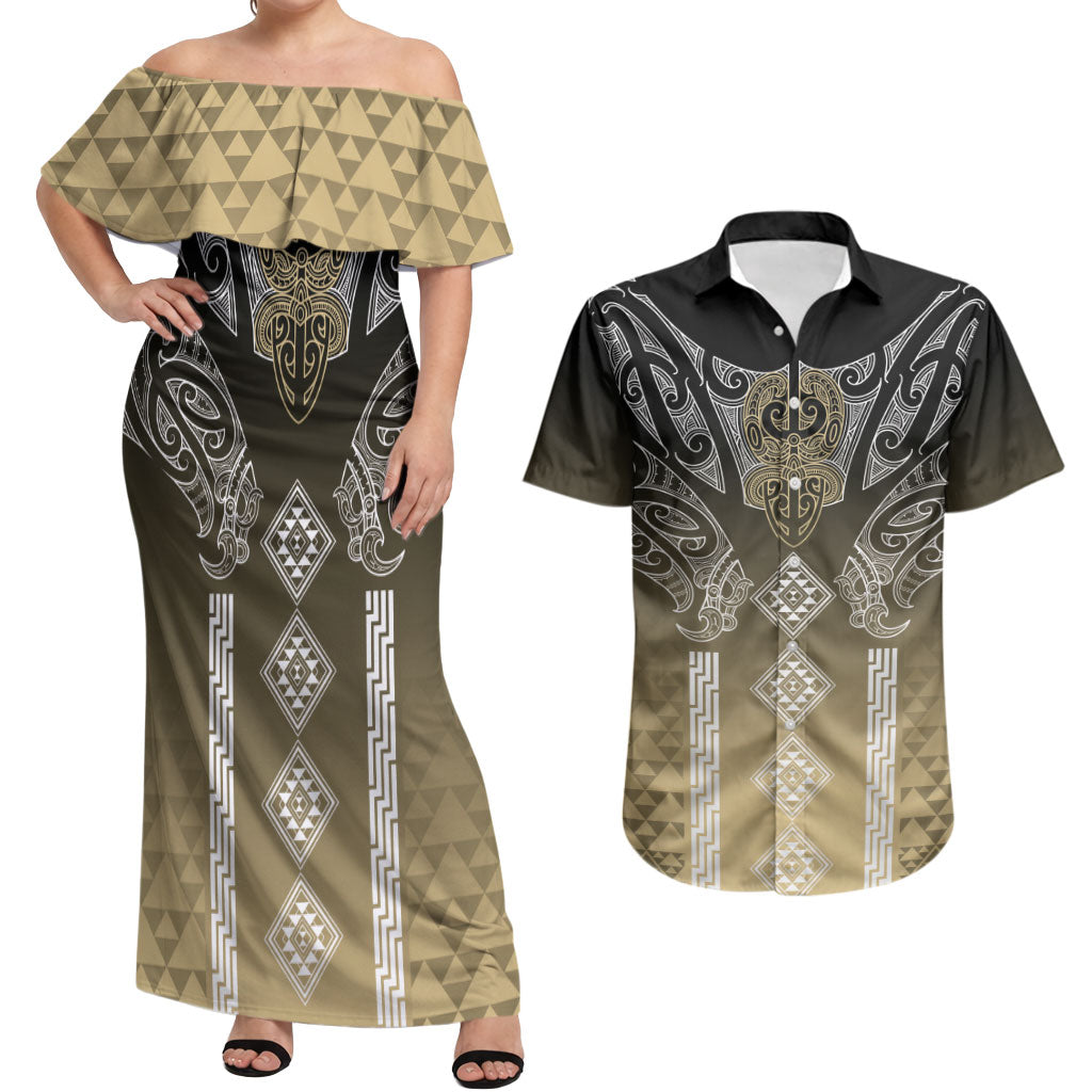 Aotearoa Maori Iwi Heritage Couples Matching Off Shoulder Maxi Dress and Hawaiian Shirt Waikato Tainui Parauri LT7 Earth Gold - Polynesian Pride