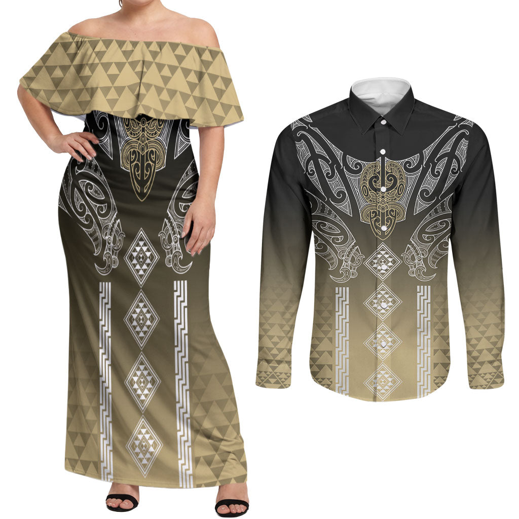 Aotearoa Maori Iwi Heritage Couples Matching Off Shoulder Maxi Dress and Long Sleeve Button Shirt Waikato Tainui Parauri LT7 Earth Gold - Polynesian Pride