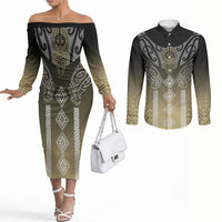 Aotearoa Maori Iwi Heritage Couples Matching Off The Shoulder Long Sleeve Dress and Long Sleeve Button Shirt Waikato Tainui Parauri LT7 Earth Gold - Polynesian Pride