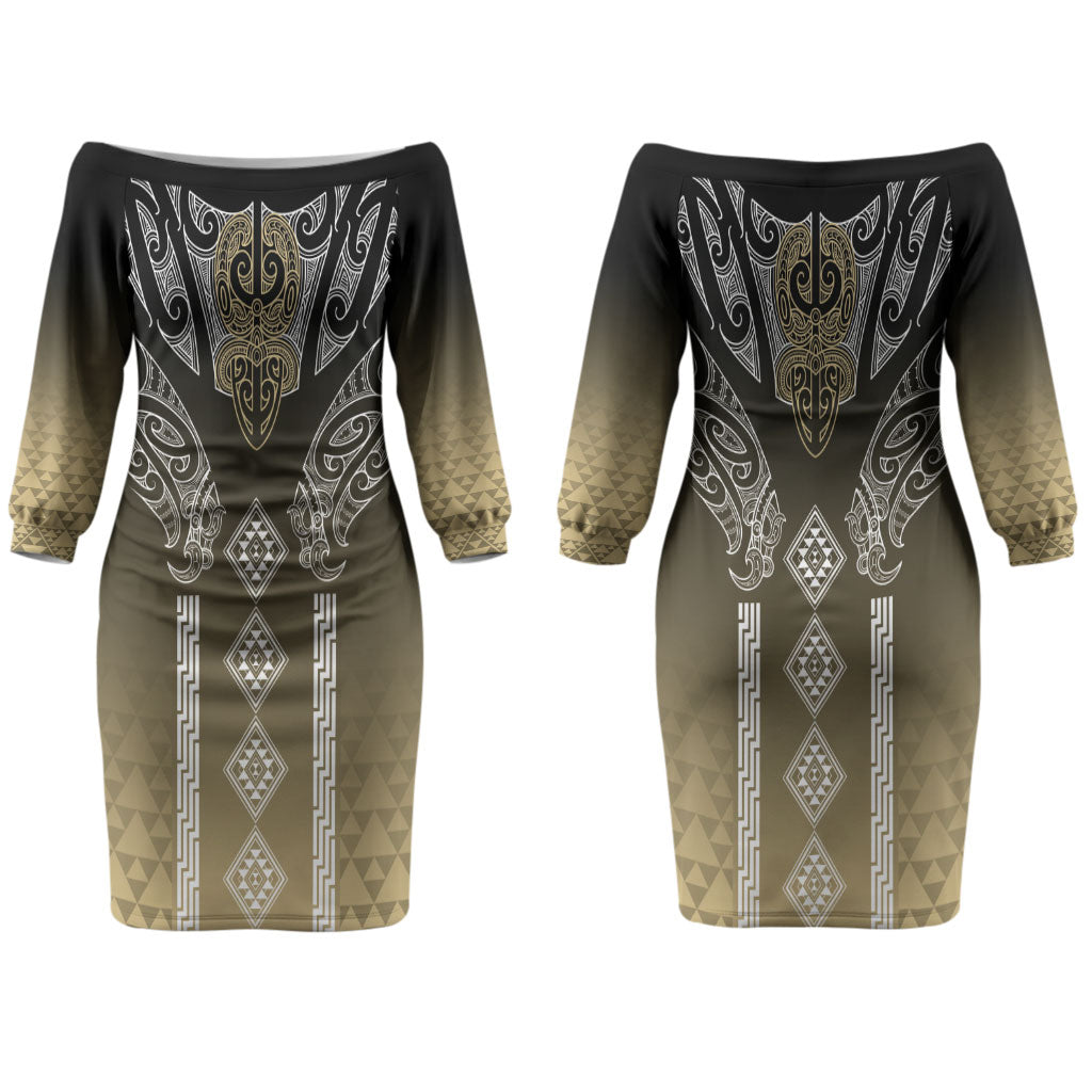 Aotearoa Maori Iwi Heritage Couples Matching Off The Shoulder Long Sleeve Dress and Long Sleeve Button Shirt Waikato Tainui Parauri LT7 - Polynesian Pride