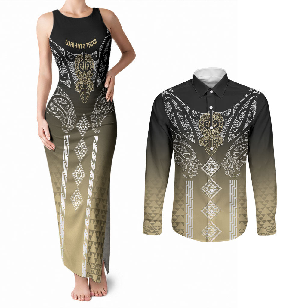 Aotearoa Maori Iwi Heritage Couples Matching Tank Maxi Dress and Long Sleeve Button Shirt Waikato Tainui Parauri LT7 Earth Gold - Polynesian Pride