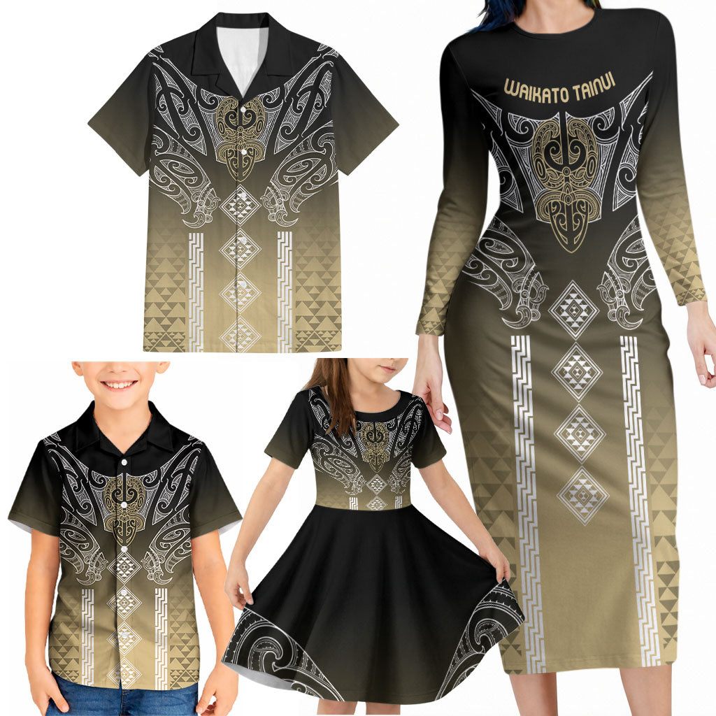 Aotearoa Maori Iwi Heritage Family Matching Long Sleeve Bodycon Dress and Hawaiian Shirt Waikato Tainui Parauri LT7 - Polynesian Pride