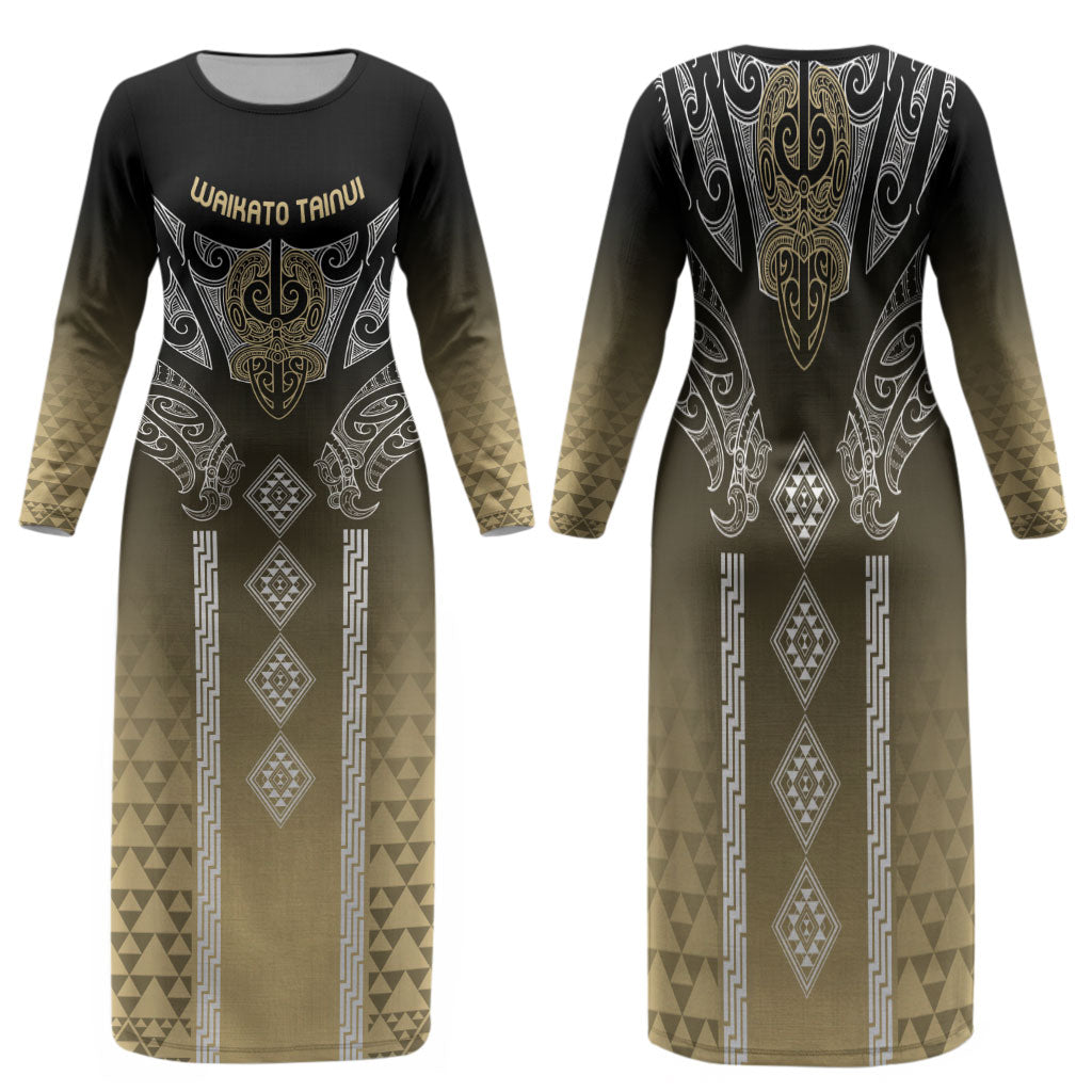 Aotearoa Maori Iwi Heritage Family Matching Long Sleeve Bodycon Dress and Hawaiian Shirt Waikato Tainui Parauri LT7 Mom's Dress Earth Gold - Polynesian Pride