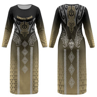 Aotearoa Maori Iwi Heritage Family Matching Long Sleeve Bodycon Dress and Hawaiian Shirt Waikato Tainui Parauri LT7 Mom's Dress Earth Gold - Polynesian Pride