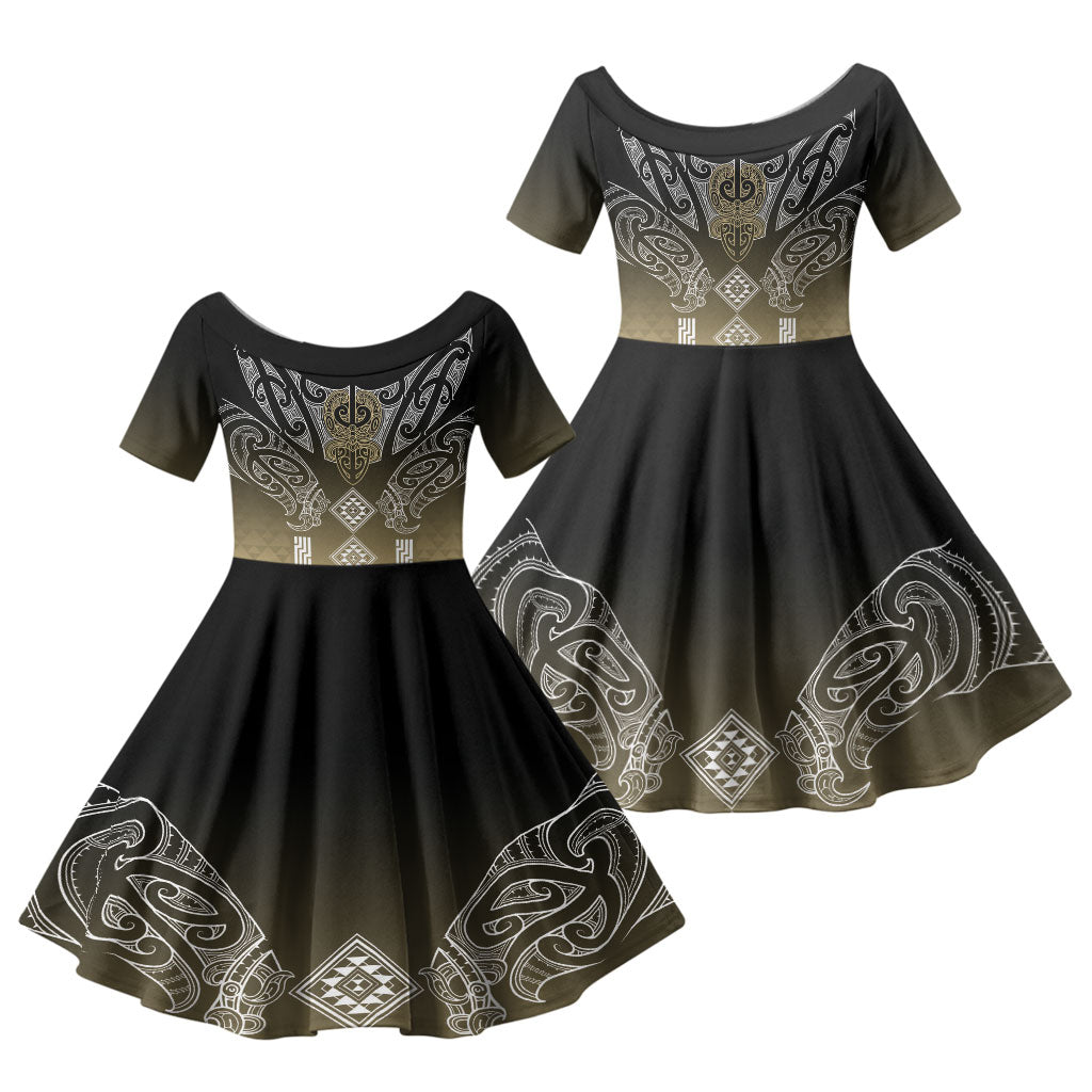 Aotearoa Maori Iwi Heritage Family Matching Long Sleeve Bodycon Dress and Hawaiian Shirt Waikato Tainui Parauri LT7 Daughter's Dress Earth Gold - Polynesian Pride