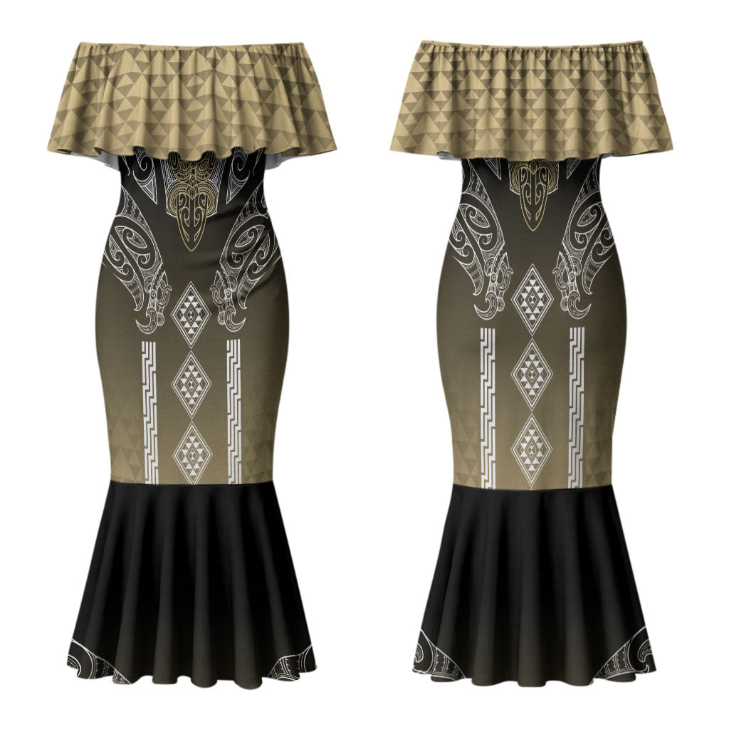 Aotearoa Maori Iwi Heritage Family Matching Mermaid Dress and Hawaiian Shirt Waikato Tainui Parauri LT7 Mom's Dress Earth Gold - Polynesian Pride
