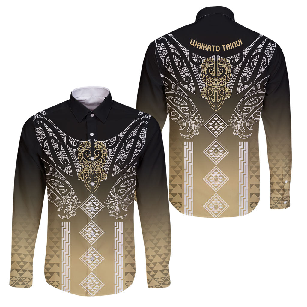 Aotearoa Maori Iwi Heritage Family Matching Mermaid Dress and Hawaiian Shirt Waikato Tainui Parauri LT7 Dad's Shirt - Long Sleeve Earth Gold - Polynesian Pride