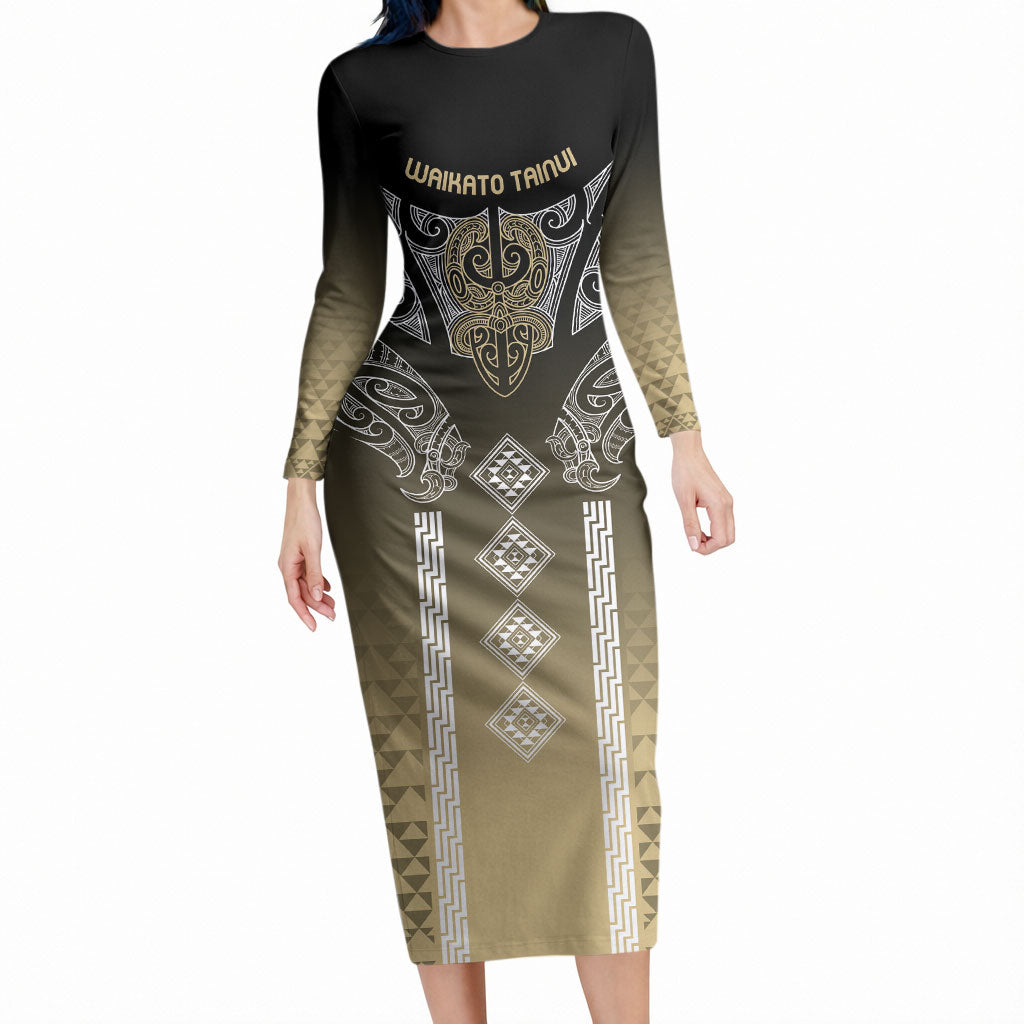 Aotearoa Maori Iwi Heritage Long Sleeve Bodycon Dress Waikato Tainui Parauri LT7 Long Dress Earth Gold - Polynesian Pride