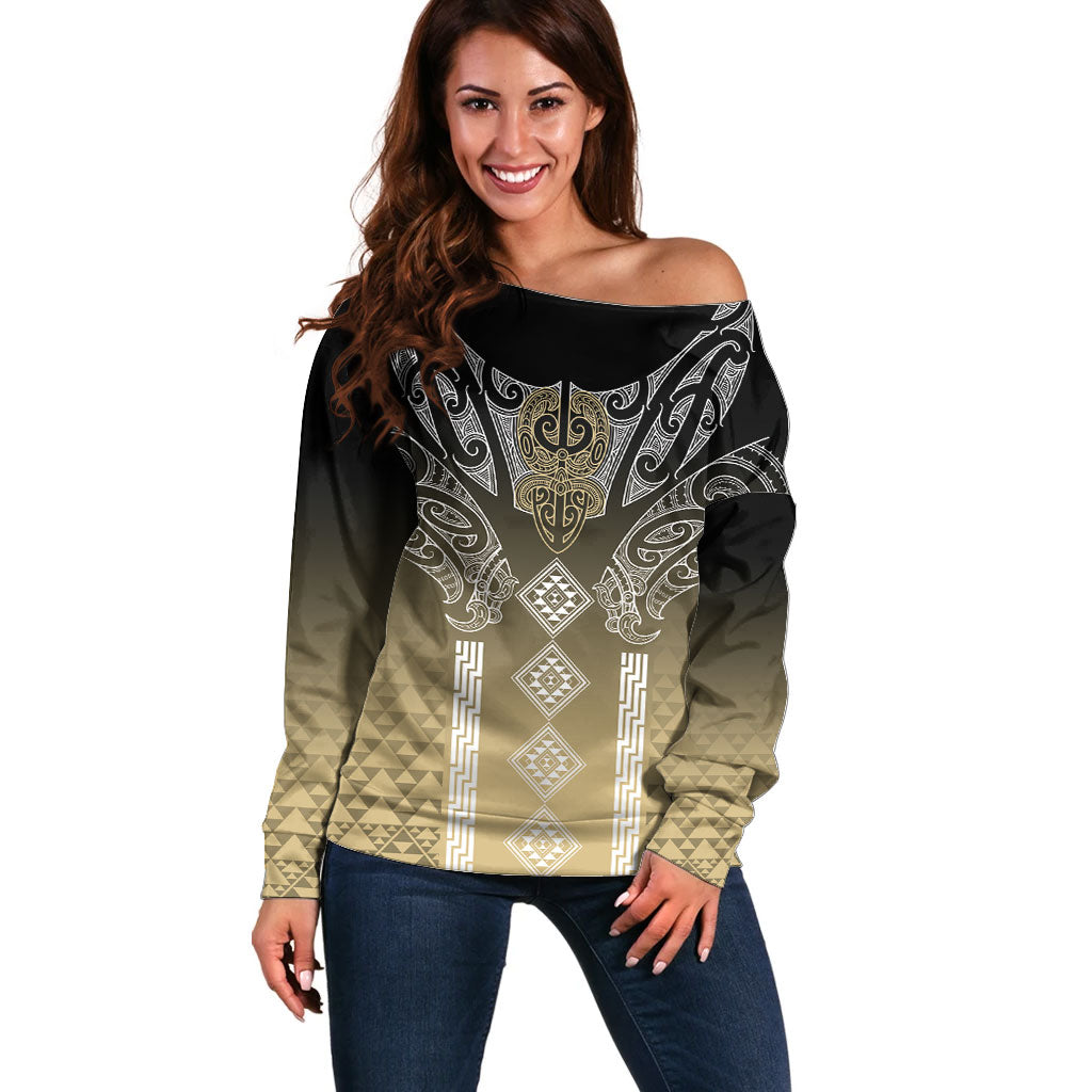Aotearoa Maori Iwi Heritage Off Shoulder Sweater Waikato Tainui Parauri LT7 Women Earth Gold - Polynesian Pride