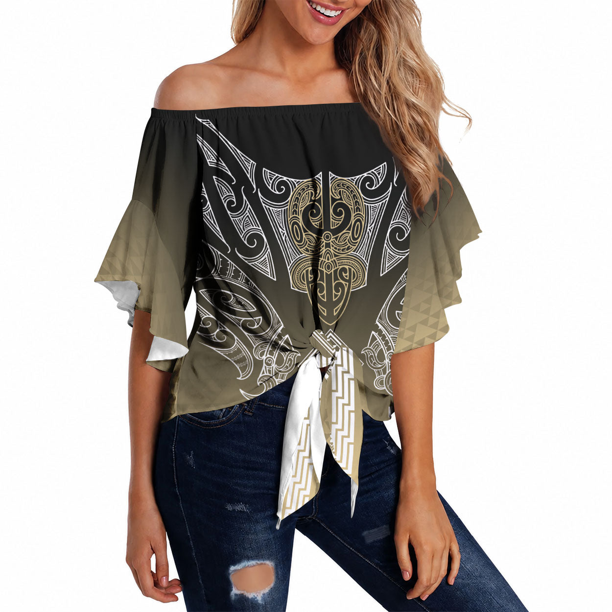 Aotearoa Maori Iwi Heritage Off Shoulder Wrap Waist Top Waikato Tainui Parauri LT7 Earth Gold - Polynesian Pride
