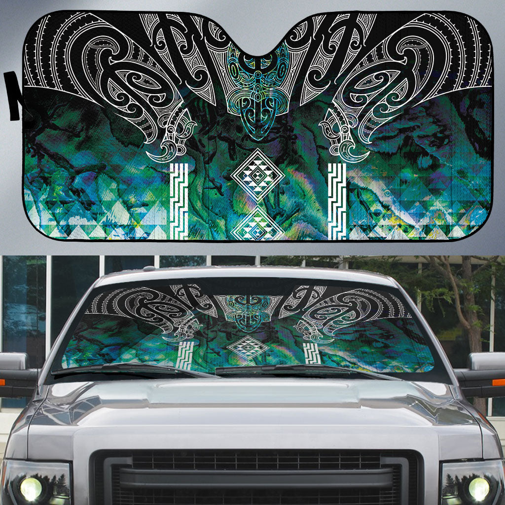 Aotearoa Maori Iwi Heritage Auto Sun Shade Ngati Kahungunu Paua Shell Turquoise LT7 Green Blue - Polynesian Pride