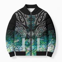 Aotearoa Maori Iwi Heritage Bomber Puffer Jacket Ngati Kahungunu Paua Shell Turquoise LT7 Unisex Green Blue - Polynesian Pride