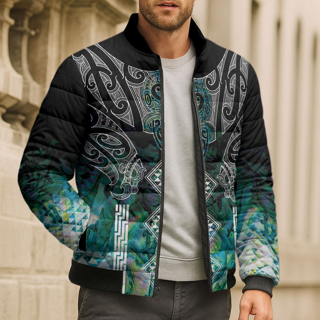 Aotearoa Maori Iwi Heritage Bomber Puffer Jacket Ngati Kahungunu Paua Shell Turquoise LT7 - Polynesian Pride