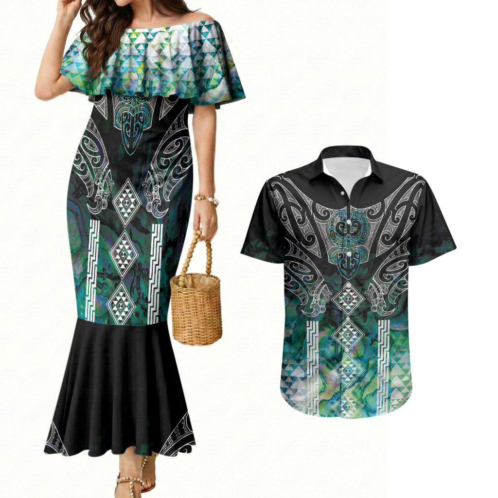 Aotearoa Maori Iwi Heritage Couples Matching Mermaid Dress and Hawaiian Shirt Ngati Kahungunu Paua Shell Turquoise LT7 Green Blue - Polynesian Pride