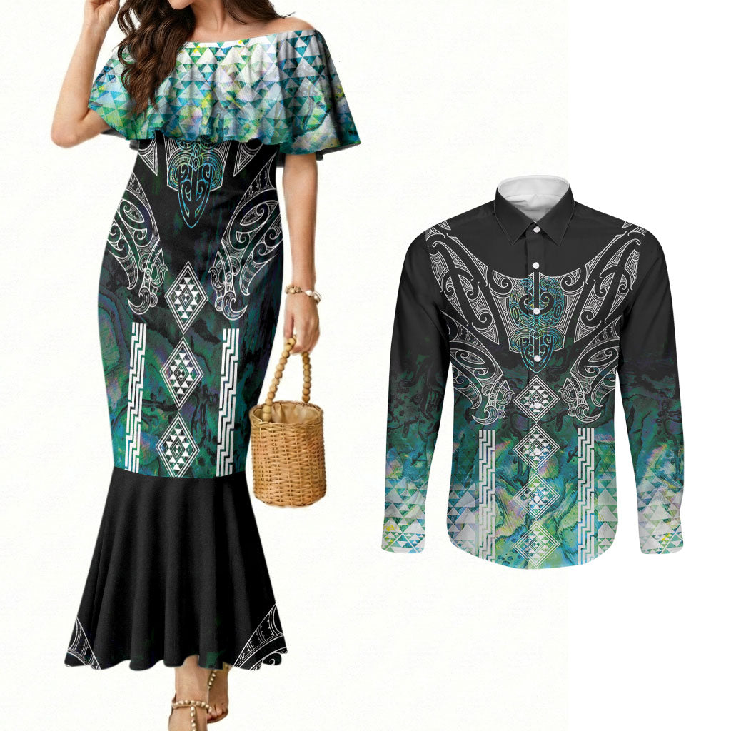 Aotearoa Maori Iwi Heritage Couples Matching Mermaid Dress and Long Sleeve Button Shirt Ngati Kahungunu Paua Shell Turquoise LT7 Green Blue - Polynesian Pride