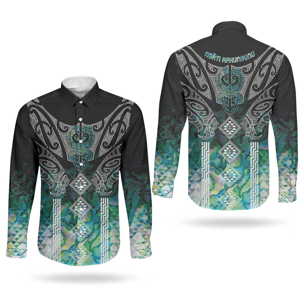 Aotearoa Maori Iwi Heritage Couples Matching Mermaid Dress and Long Sleeve Button Shirt Ngati Kahungunu Paua Shell Turquoise LT7 - Polynesian Pride