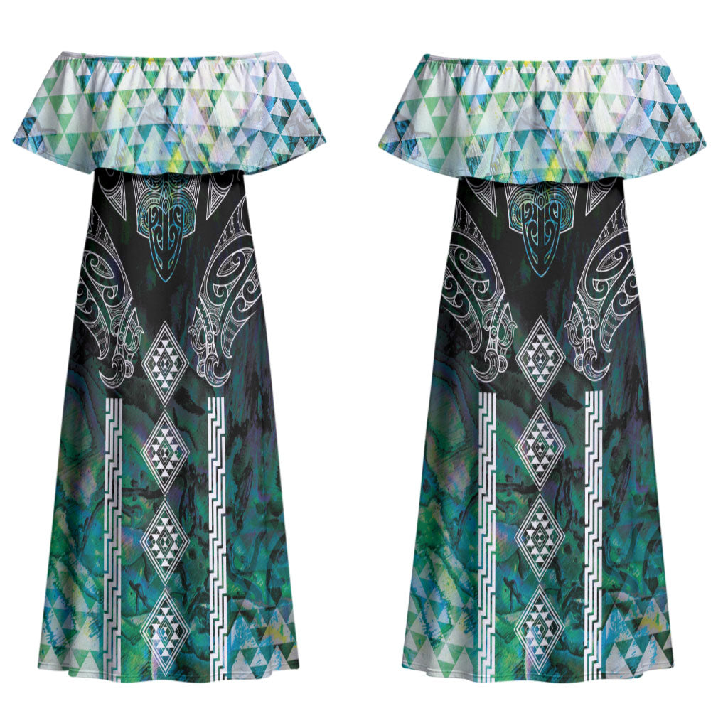 Aotearoa Maori Iwi Heritage Couples Matching Off Shoulder Maxi Dress and Hawaiian Shirt Ngati Kahungunu Paua Shell Turquoise LT7 - Polynesian Pride