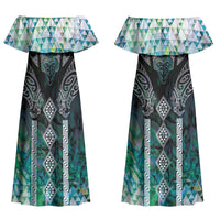 Aotearoa Maori Iwi Heritage Couples Matching Off Shoulder Maxi Dress and Hawaiian Shirt Ngati Kahungunu Paua Shell Turquoise LT7 - Polynesian Pride