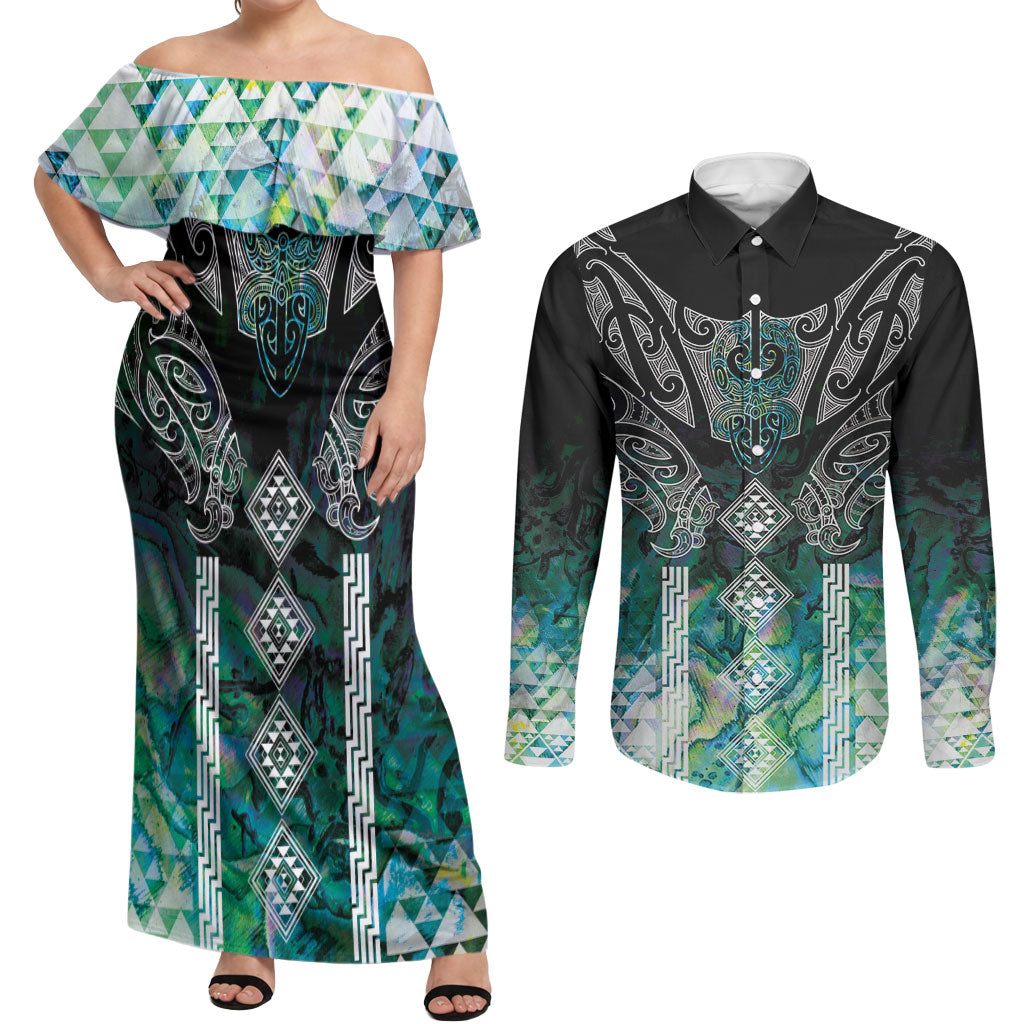 Aotearoa Maori Iwi Heritage Couples Matching Off Shoulder Maxi Dress and Long Sleeve Button Shirt Ngati Kahungunu Paua Shell Turquoise LT7 Green Blue - Polynesian Pride