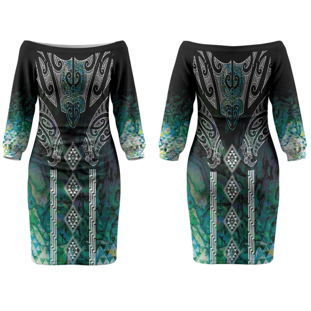 Aotearoa Maori Iwi Heritage Couples Matching Off The Shoulder Long Sleeve Dress and Long Sleeve Button Shirt Ngati Kahungunu Paua Shell Turquoise LT7 - Polynesian Pride