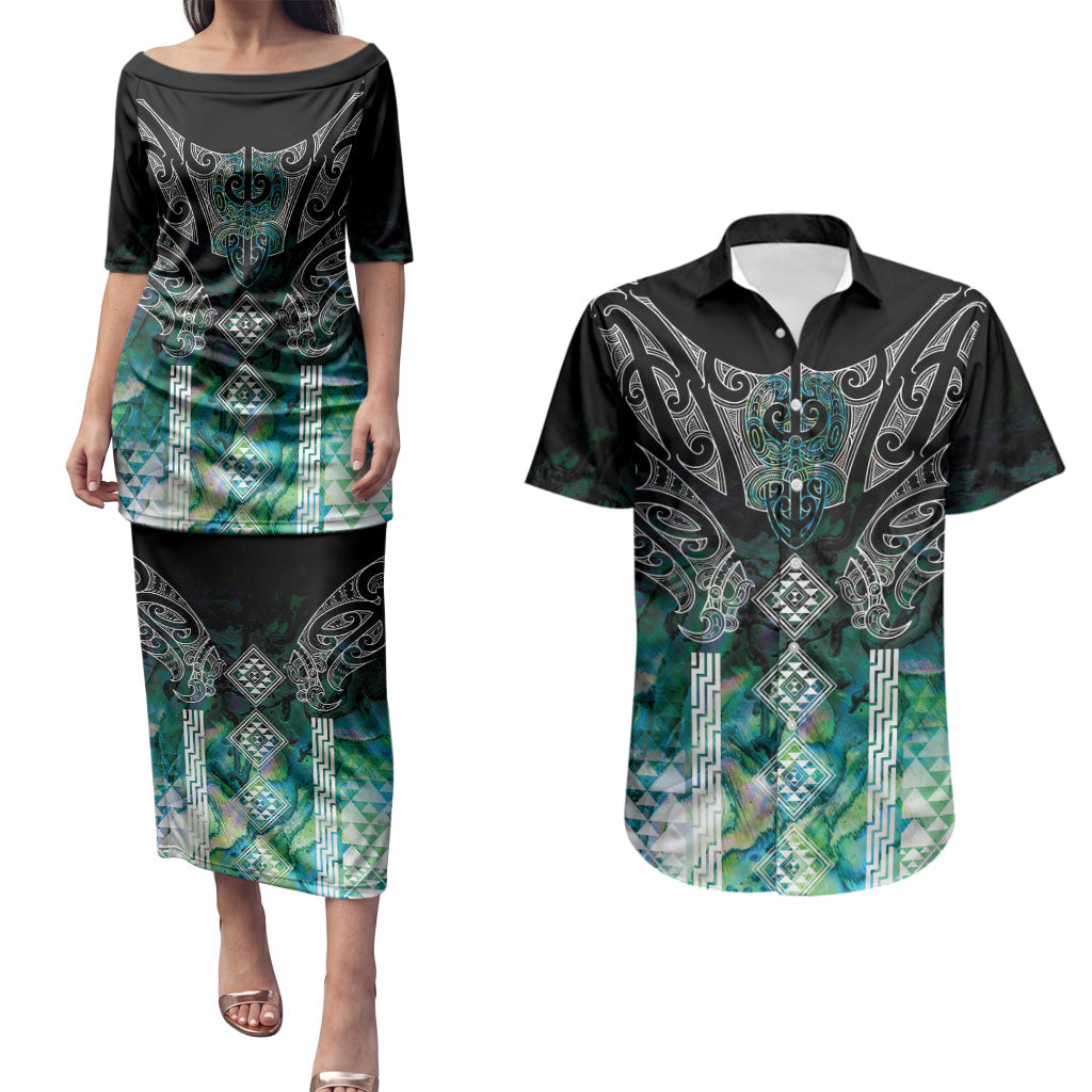 Aotearoa Maori Iwi Heritage Couples Matching Puletasi and Hawaiian Shirt Ngati Kahungunu Paua Shell Turquoise LT7 Green Blue - Polynesian Pride