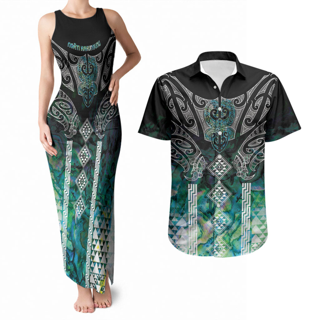 Aotearoa Maori Iwi Heritage Couples Matching Tank Maxi Dress and Hawaiian Shirt Ngati Kahungunu Paua Shell Turquoise LT7 Green Blue - Polynesian Pride
