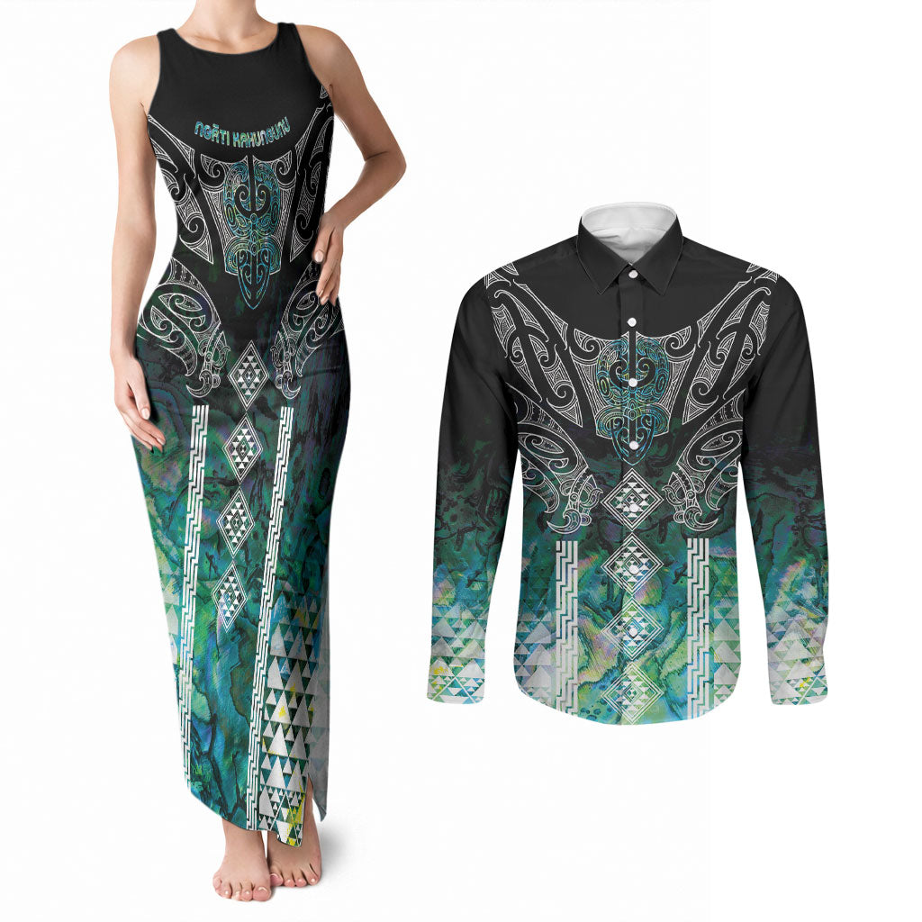 Aotearoa Maori Iwi Heritage Couples Matching Tank Maxi Dress and Long Sleeve Button Shirt Ngati Kahungunu Paua Shell Turquoise LT7 Green Blue - Polynesian Pride