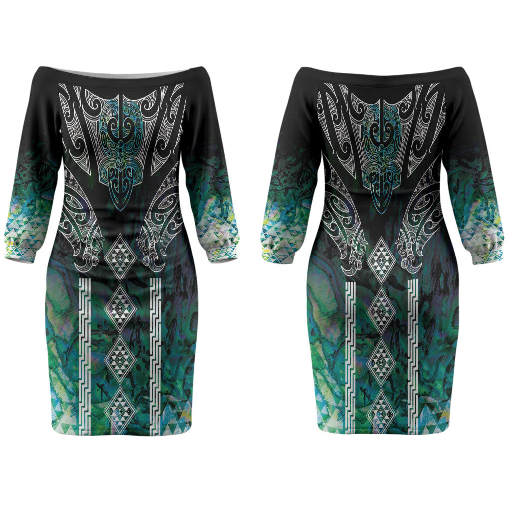 Aotearoa Maori Iwi Heritage Family Matching Off The Shoulder Long Sleeve Dress and Hawaiian Shirt Ngati Kahungunu Paua Shell Turquoise LT7 Mom's Dress Green Blue - Polynesian Pride