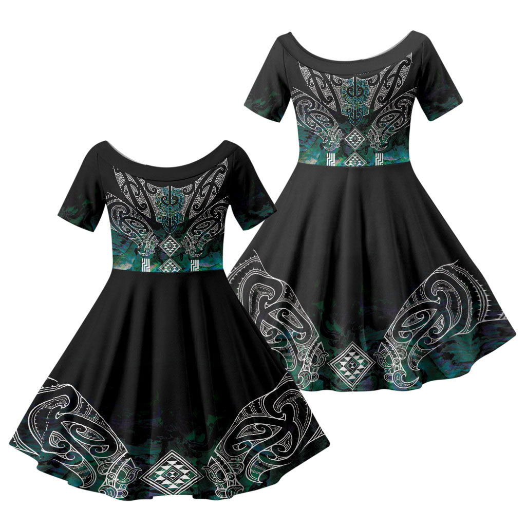 Aotearoa Maori Iwi Heritage Family Matching Off The Shoulder Long Sleeve Dress and Hawaiian Shirt Ngati Kahungunu Paua Shell Turquoise LT7 Daughter's Dress Green Blue - Polynesian Pride