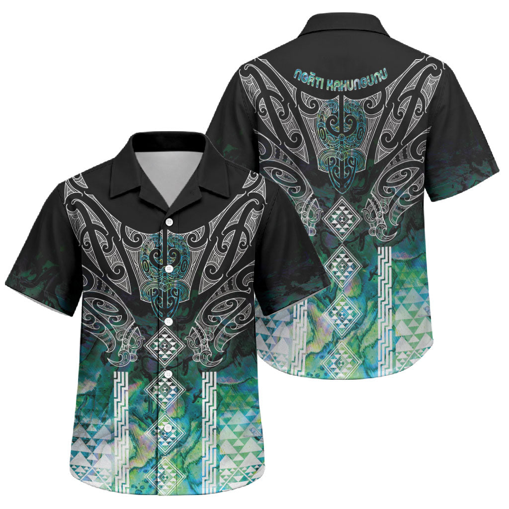 Aotearoa Maori Iwi Heritage Family Matching Off The Shoulder Long Sleeve Dress and Hawaiian Shirt Ngati Kahungunu Paua Shell Turquoise LT7 Son's Shirt Green Blue - Polynesian Pride