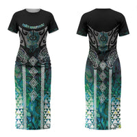 Aotearoa Maori Iwi Heritage Family Matching Short Sleeve Bodycon Dress and Hawaiian Shirt Ngati Kahungunu Paua Shell Turquoise LT7 Mom's Dress Green Blue - Polynesian Pride
