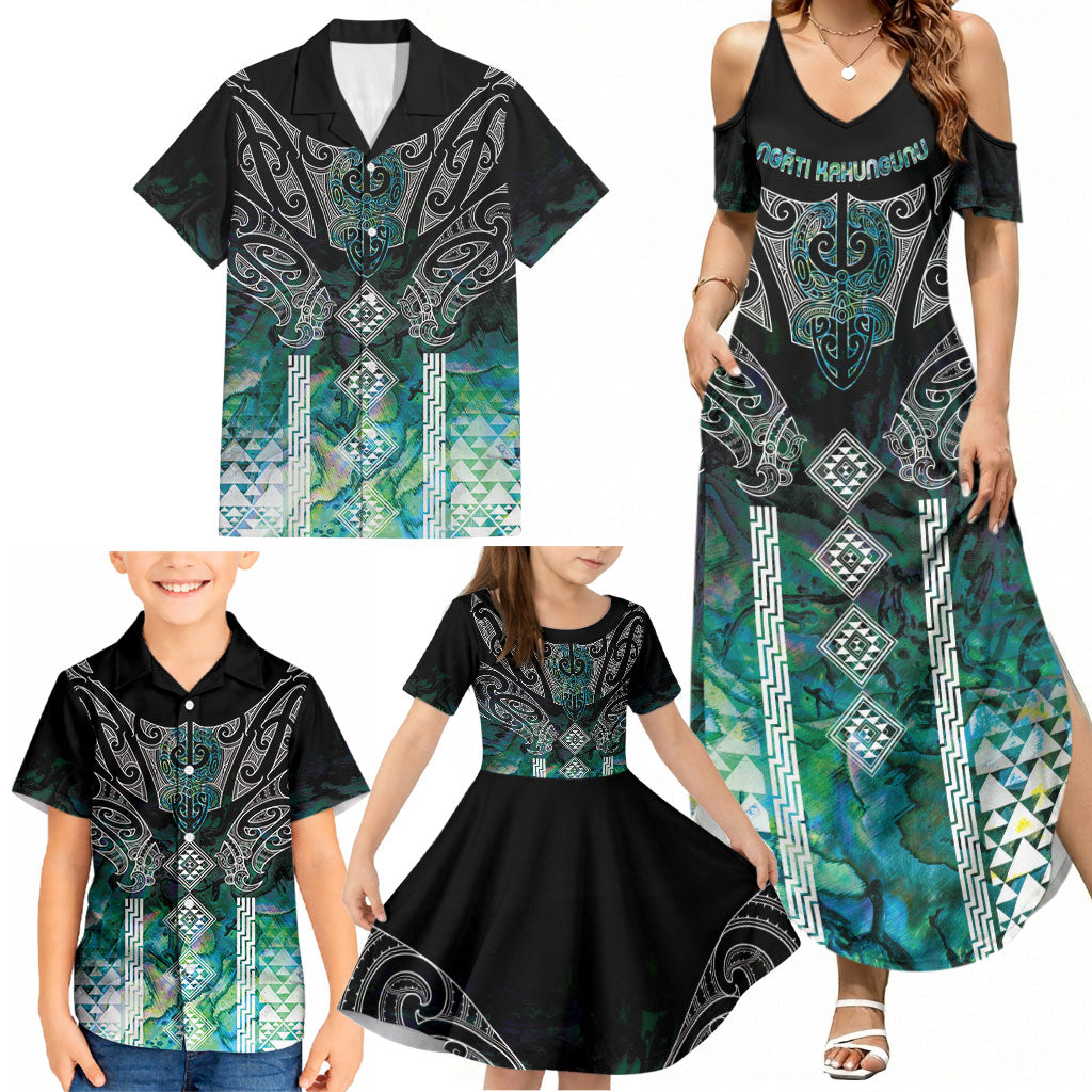 Aotearoa Maori Iwi Heritage Family Matching Summer Maxi Dress and Hawaiian Shirt Ngati Kahungunu Paua Shell Turquoise LT7 - Polynesian Pride