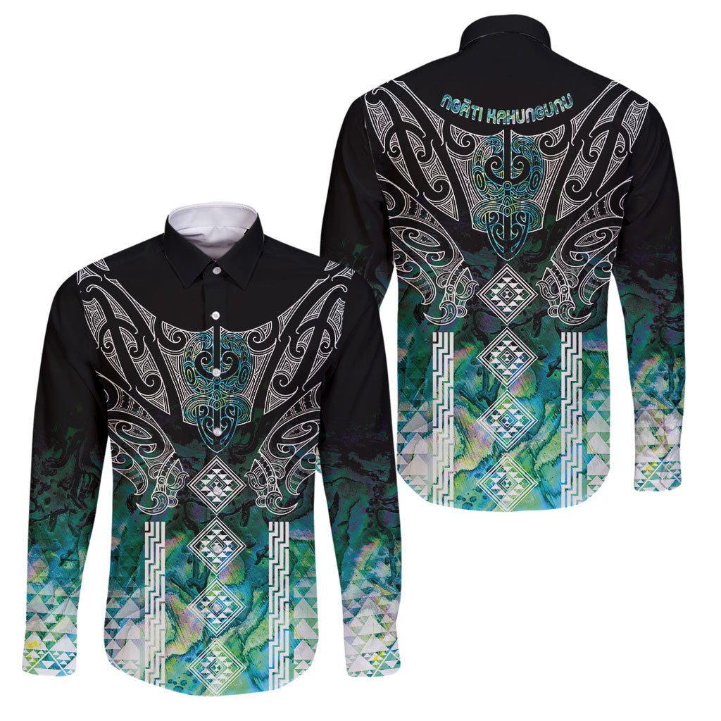 Aotearoa Maori Iwi Heritage Family Matching Tank Maxi Dress and Hawaiian Shirt Ngati Kahungunu Paua Shell Turquoise LT7 Dad's Shirt - Long Sleeve Green Blue - Polynesian Pride