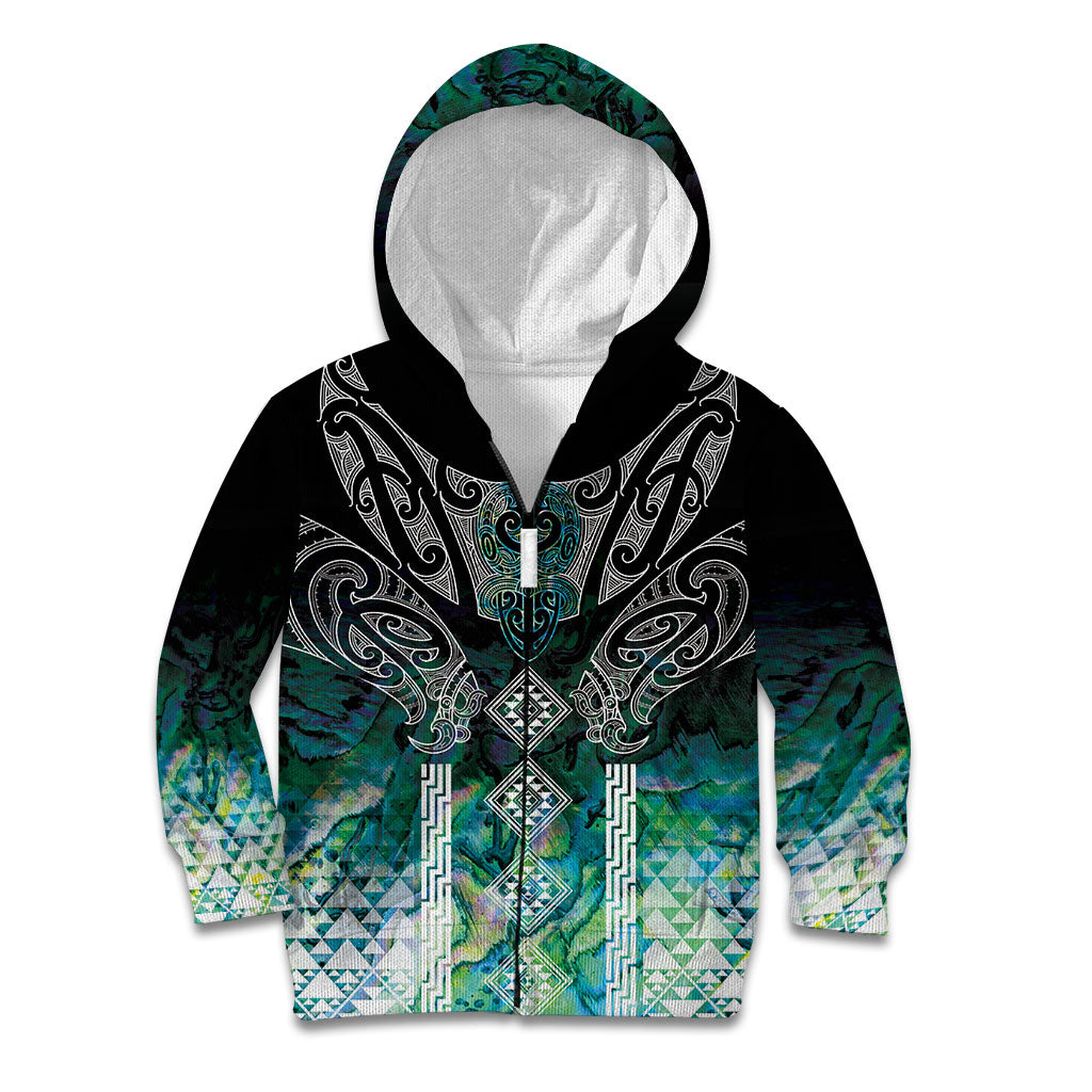 Aotearoa Maori Iwi Heritage Kid Hoodie Ngati Kahungunu Paua Shell Turquoise LT7 Zip Hoodie Green Blue - Polynesian Pride