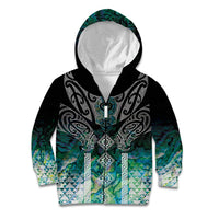 Aotearoa Maori Iwi Heritage Kid Hoodie Ngati Kahungunu Paua Shell Turquoise LT7 Zip Hoodie Green Blue - Polynesian Pride