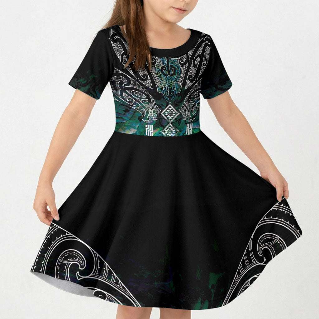 Aotearoa Maori Iwi Heritage Kid Short Sleeve Dress Ngati Kahungunu Paua Shell Turquoise LT7 KID Green Blue - Polynesian Pride