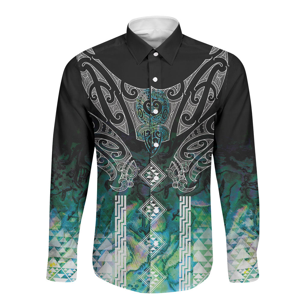 Aotearoa Maori Iwi Heritage Long Sleeve Button Shirt Ngati Kahungunu Paua Shell Turquoise LT7 Unisex Green Blue - Polynesian Pride