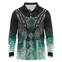 Aotearoa Maori Iwi Heritage Long Sleeve Polo Shirt Ngati Kahungunu Paua Shell Turquoise LT7 Green Blue - Polynesian Pride