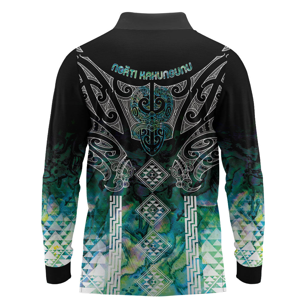 Aotearoa Maori Iwi Heritage Long Sleeve Polo Shirt Ngati Kahungunu Paua Shell Turquoise LT7 - Polynesian Pride