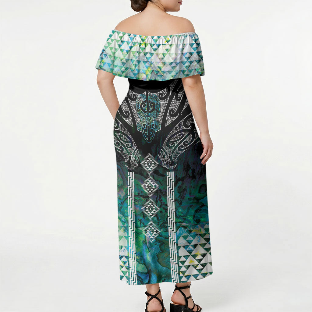 Aotearoa Maori Iwi Heritage Off Shoulder Maxi Dress Ngati Kahungunu Paua Shell Turquoise LT7 - Polynesian Pride