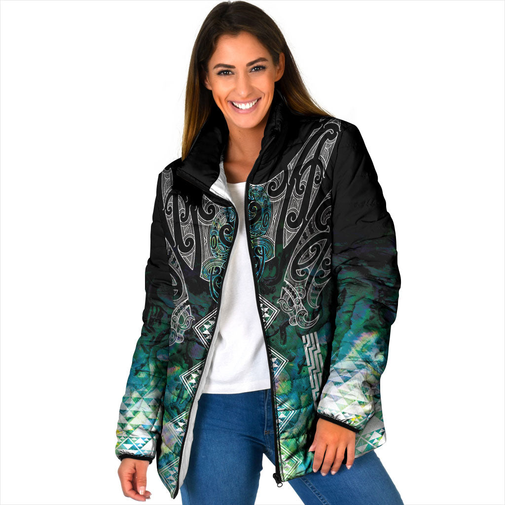 Aotearoa Maori Iwi Heritage Padded Jacket Ngati Kahungunu Paua Shell Turquoise LT7 Women Green Blue - Polynesian Pride