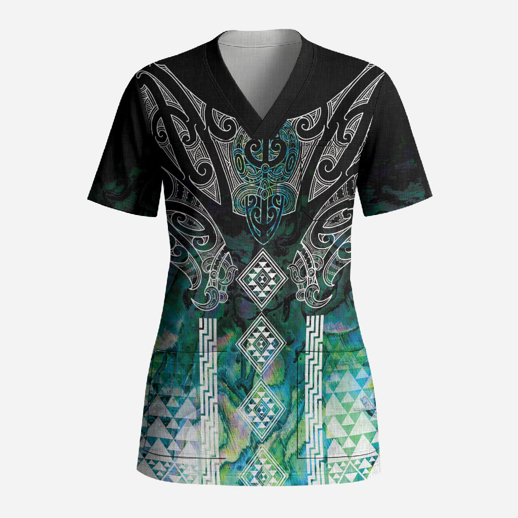 Aotearoa Maori Iwi Heritage Scrub Top Ngati Kahungunu Paua Shell Turquoise LT7 Adult Green Blue - Polynesian Pride