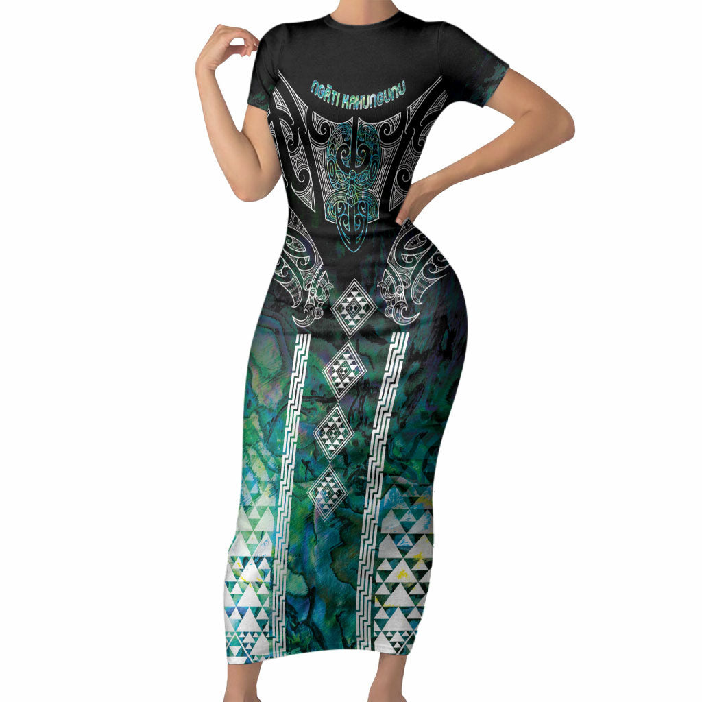 Aotearoa Maori Iwi Heritage Short Sleeve Bodycon Dress Ngati Kahungunu Paua Shell Turquoise LT7 Long Dress Green Blue - Polynesian Pride