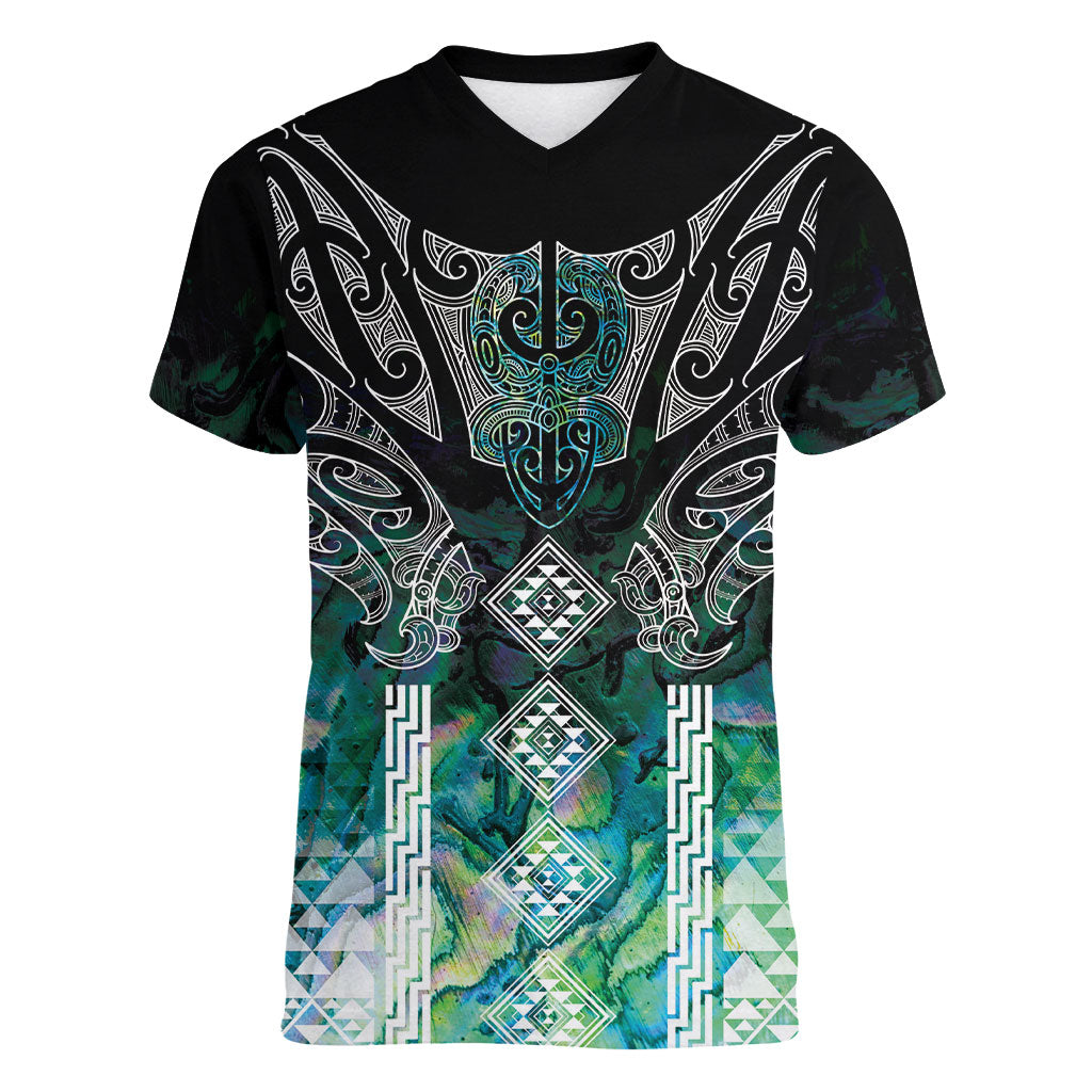 Aotearoa Maori Iwi Heritage Women V-Neck T-Shirt Ngati Kahungunu Paua Shell Turquoise LT7 Female Green Blue - Polynesian Pride