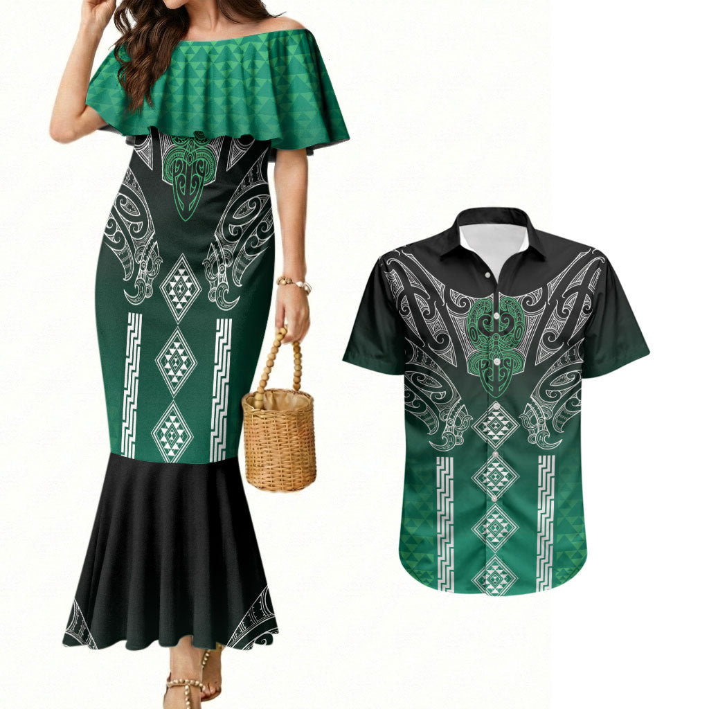 Aotearoa Maori Iwi Heritage Couples Matching Mermaid Dress and Hawaiian Shirt Ngai Tahu Pounamu Green LT7 Jade Green - Polynesian Pride