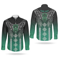 Aotearoa Maori Iwi Heritage Couples Matching Off Shoulder Maxi Dress and Long Sleeve Button Shirt Ngai Tahu Pounamu Green LT7 - Polynesian Pride