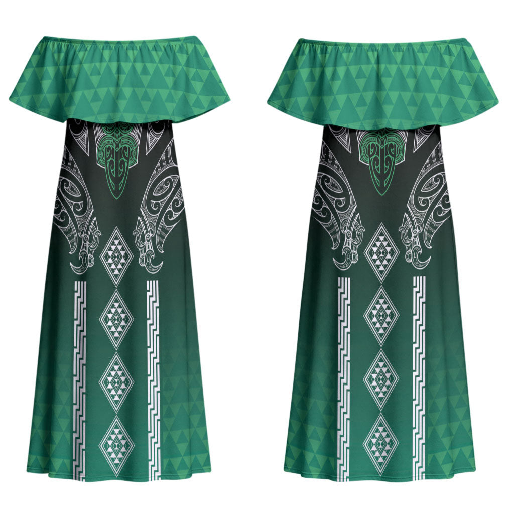 Aotearoa Maori Iwi Heritage Couples Matching Off Shoulder Maxi Dress and Long Sleeve Button Shirt Ngai Tahu Pounamu Green LT7 - Polynesian Pride