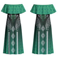 Aotearoa Maori Iwi Heritage Couples Matching Off Shoulder Maxi Dress and Long Sleeve Button Shirt Ngai Tahu Pounamu Green LT7 - Polynesian Pride