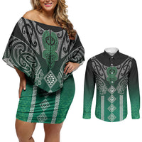 Aotearoa Maori Iwi Heritage Couples Matching Off Shoulder Short Dress and Long Sleeve Button Shirt Ngai Tahu Pounamu Green LT7 Jade Green - Polynesian Pride