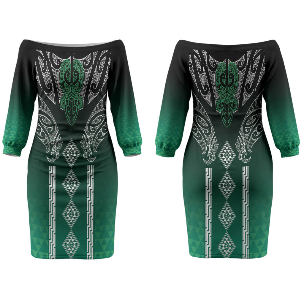Aotearoa Maori Iwi Heritage Couples Matching Off The Shoulder Long Sleeve Dress and Hawaiian Shirt Ngai Tahu Pounamu Green LT7 - Polynesian Pride